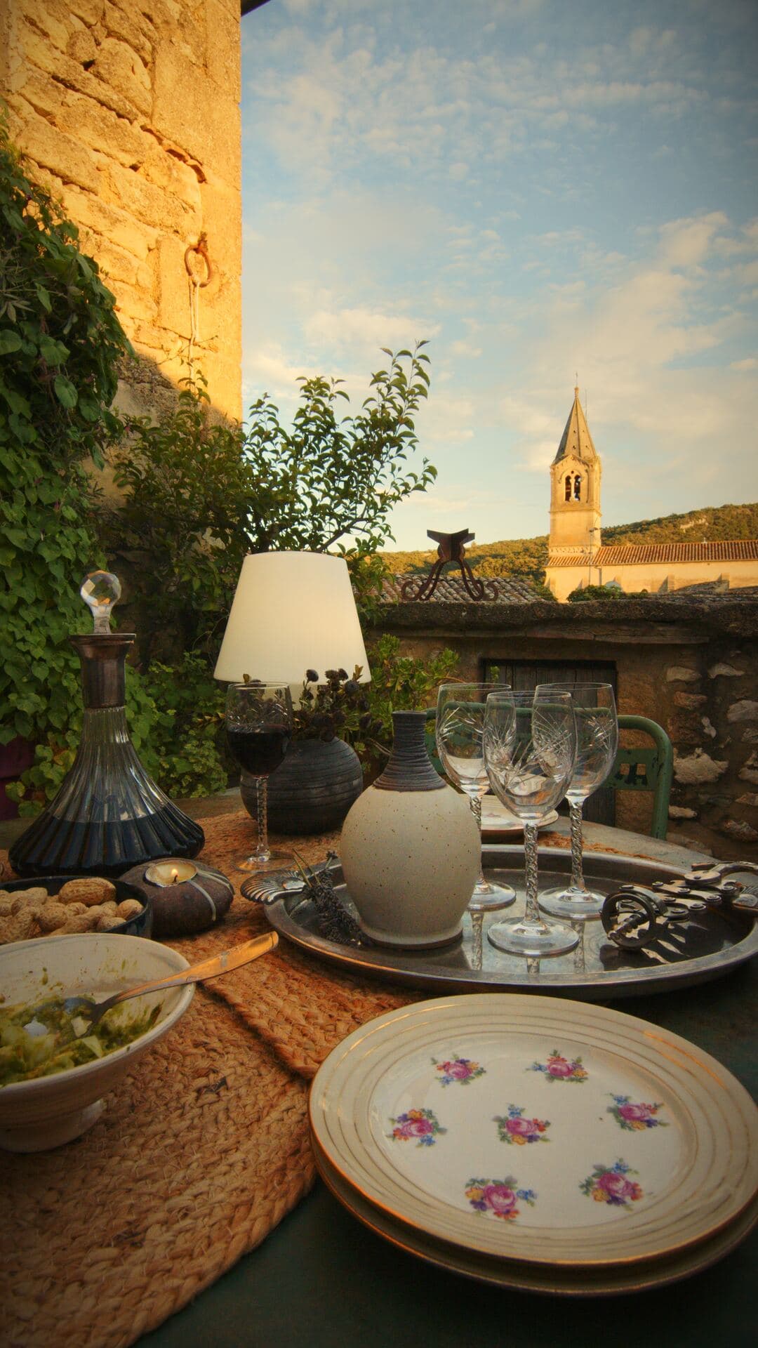 Table set on the terrace overlooking the church steeple