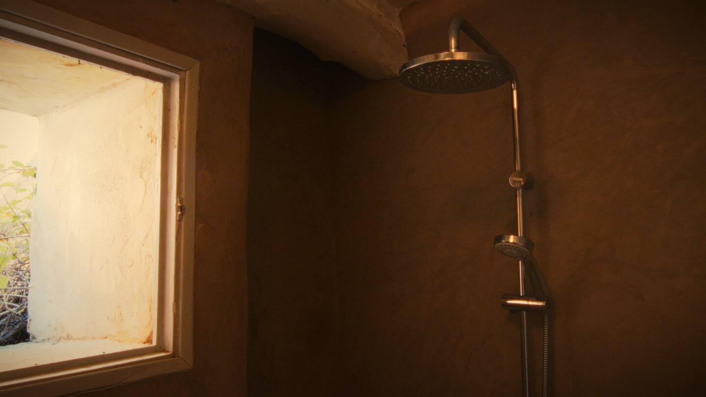 Walk-in shower with exposed stone
